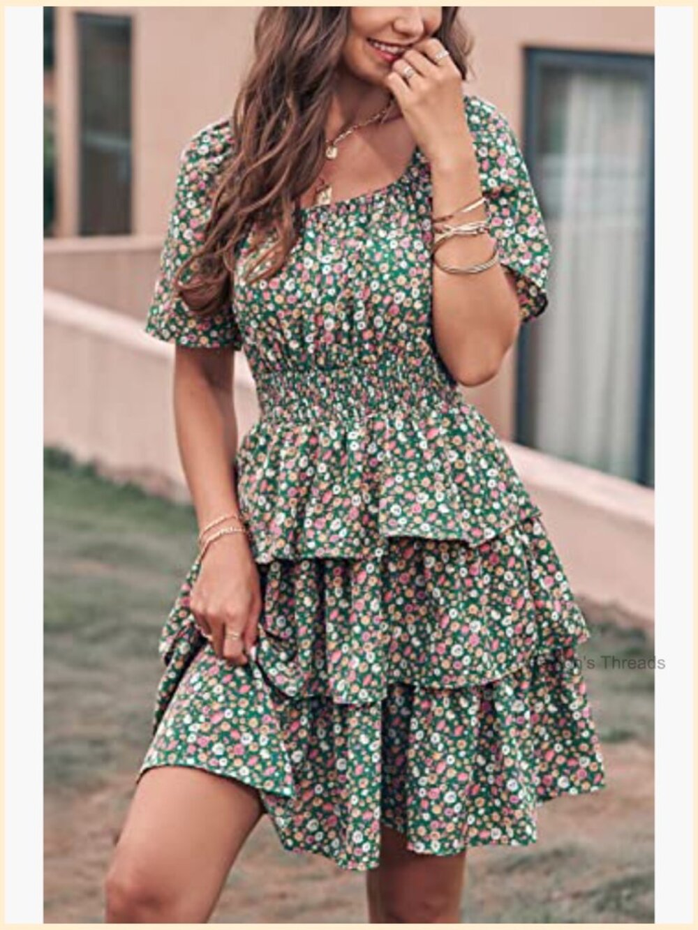 Boho Floral Tiered Ruffle Mini Dress Square Neck Short Sleeve Summer - Picture 4 of 7